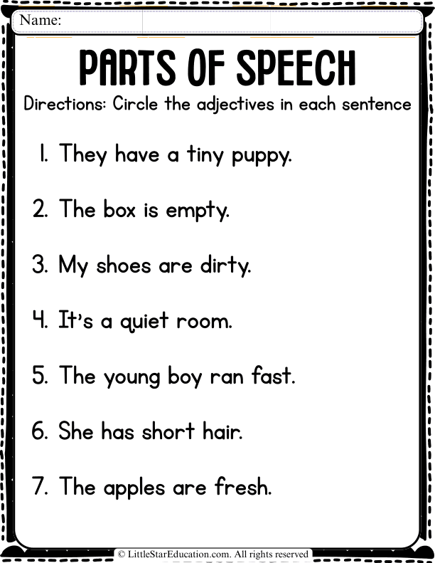 Adjective Identification Sentences for Early Elementary ELA