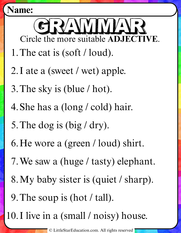 Adjective Selection Practice for Early Elementary English Skills