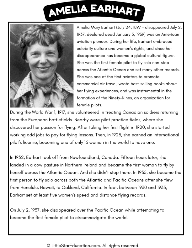 Amelia Earhart Biography Reading and Social Studies for Grades 3-4