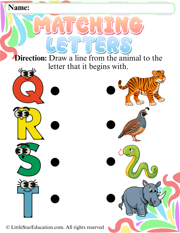 Animal Beginning Letter Matching Q to T for Early Learners