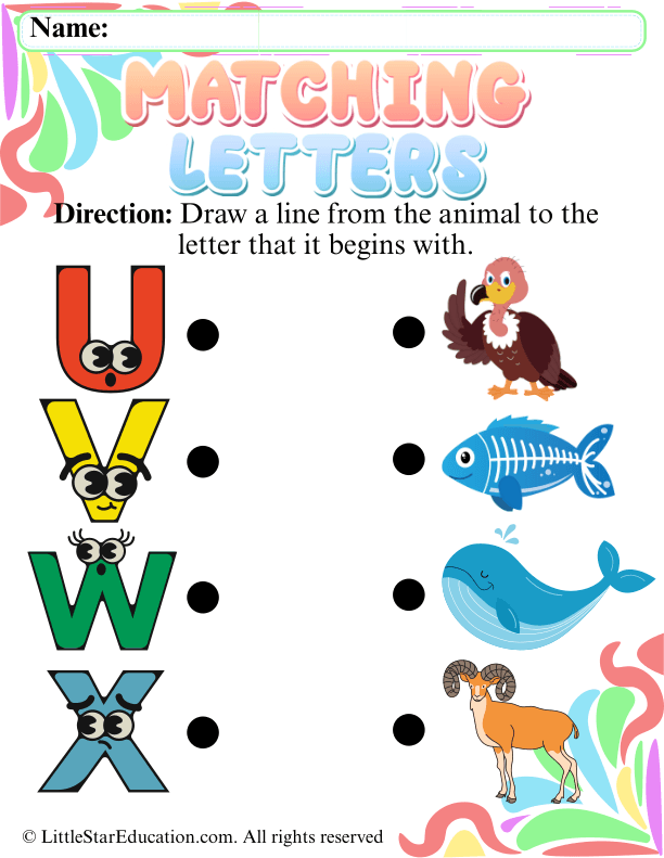 Animal Letter Matching U to X for Pre-K and Kindergarten Literacy Skills