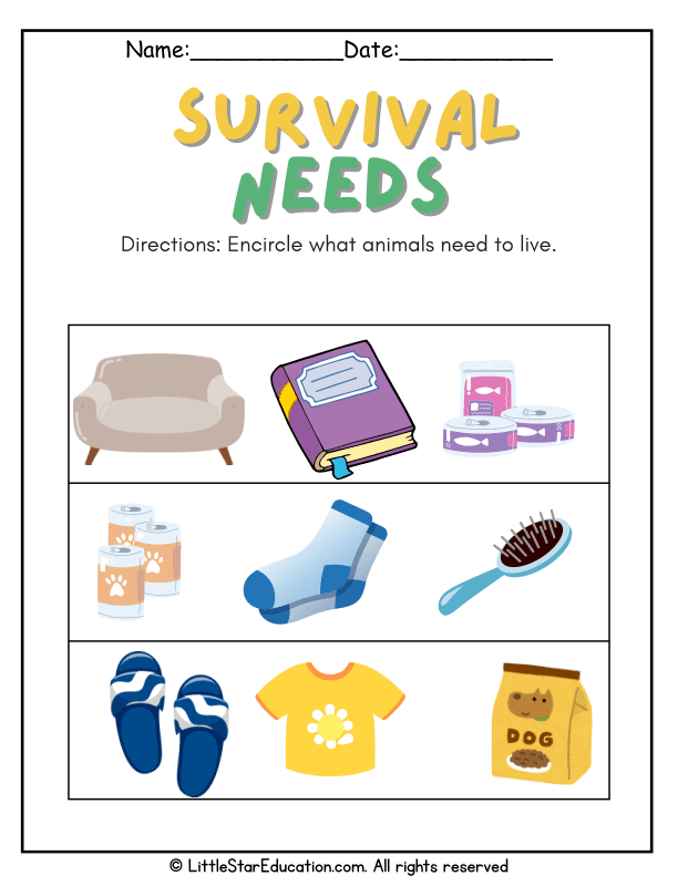 Animal Needs for Survival Science Worksheet for Pre-K and Kindergarten