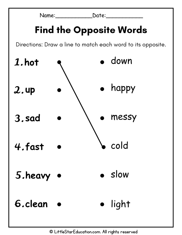 Antonyms Matching Practice for Grade 1 English Language Arts