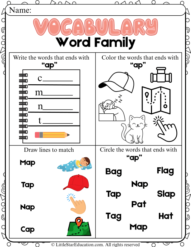 AP Word Family Phonics: Write, Color, and Match Practice