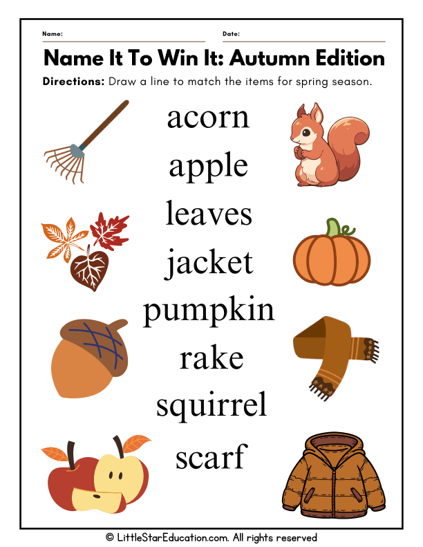 Autumn Season Matching and Naming Practice for Early Learners