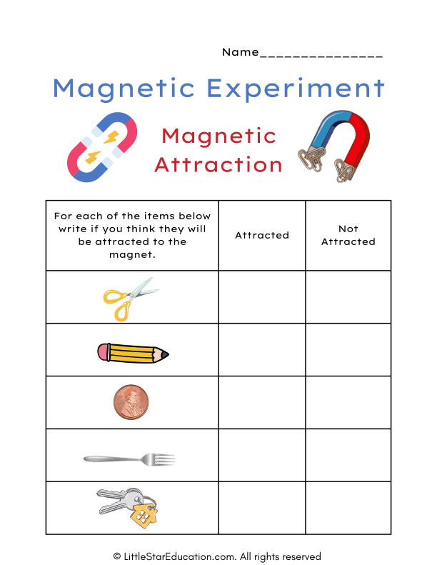 Basic Magnetic Attraction Science Experiment Worksheet