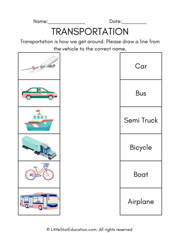 Basic Types of Transportation Matching Elementary Worksheet