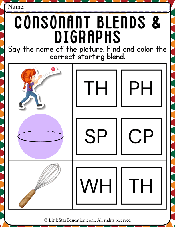 Beginning Consonant Blends and Digraphs Coloring for Kindergarten