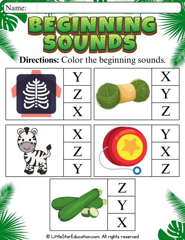Beginning Sounds Coloring Practice for Preschool Letters X, Y, and Z