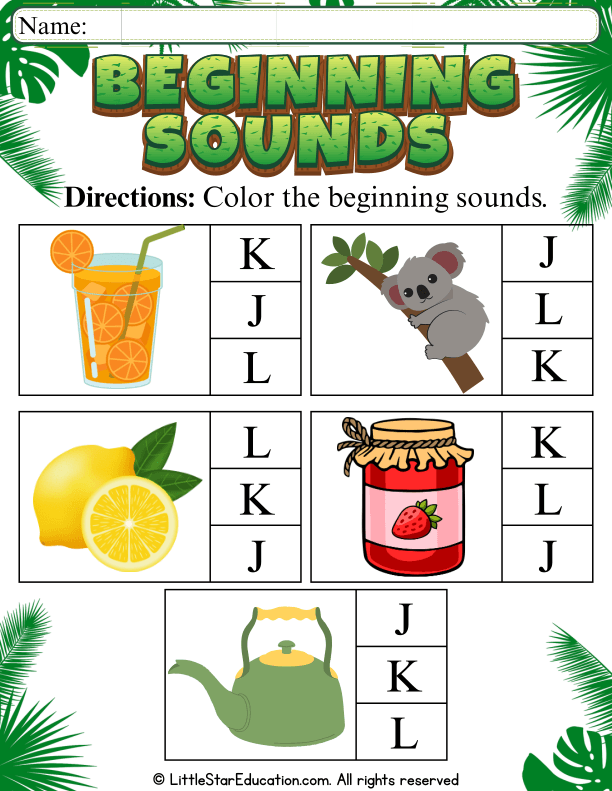 Beginning Sounds Coloring Practice: Letters J, K, and L for Pre-K