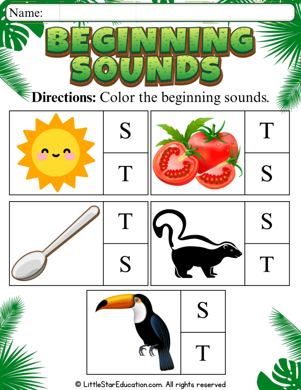 Beginning Sounds S and T Coloring Practice for Preschool and Kindergarten