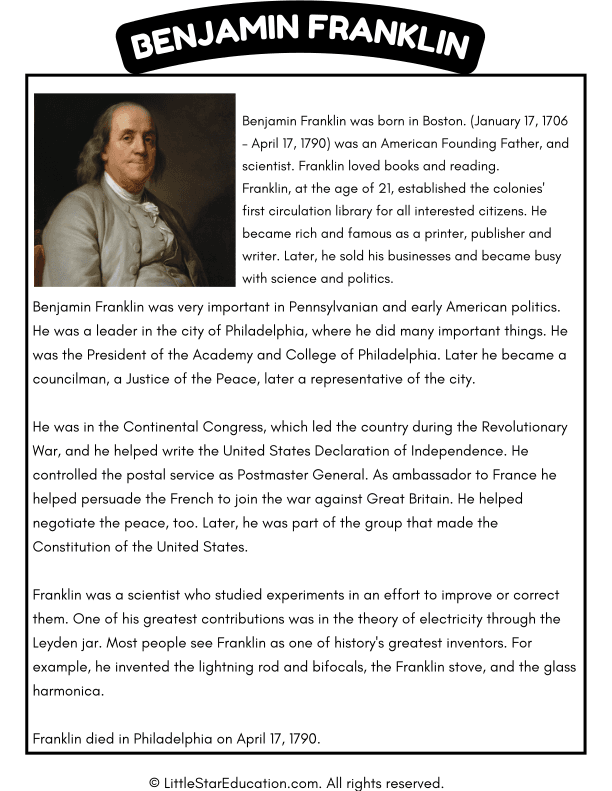 Benjamin Franklin Biography and Achievements Lesson for Elementary Social Studies