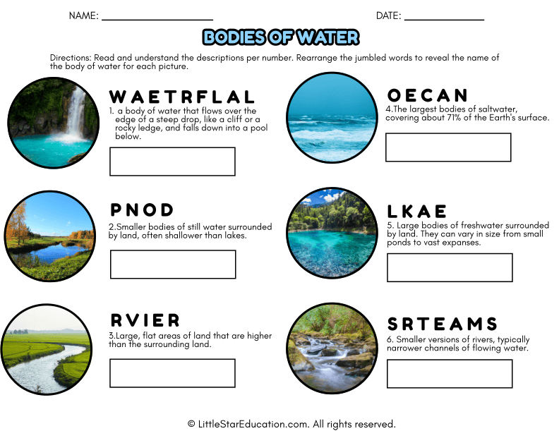 Bodies of Water Vocabulary and Picture Match for Social Studies