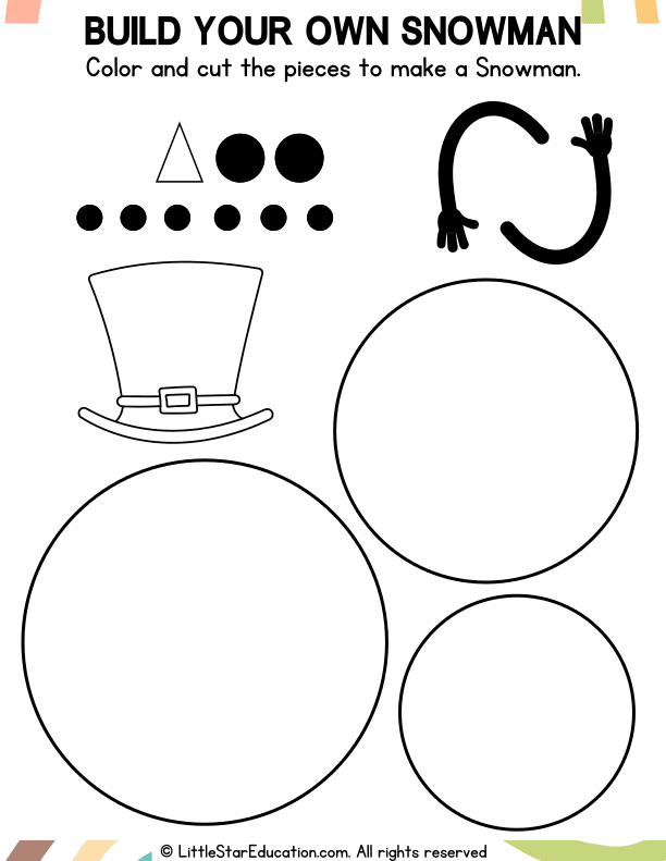Build a Snowman Cut and Color Craft for Preschool Art