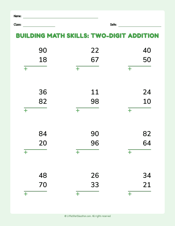 Building Math Skills Two Digit Addition Basic