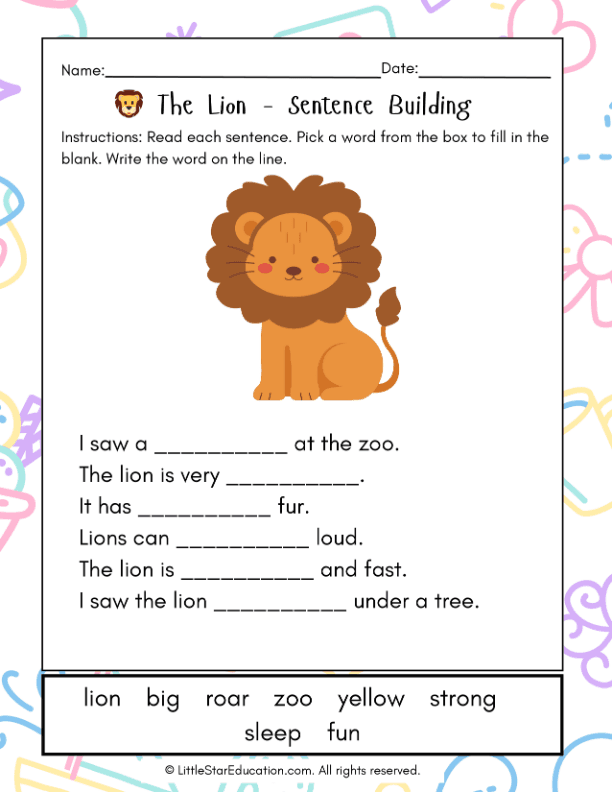 Building Simple Sentences About Lions for First Grade ELA