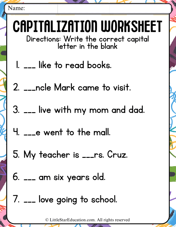 Capital Letter Practice for Early Elementary English Sentences