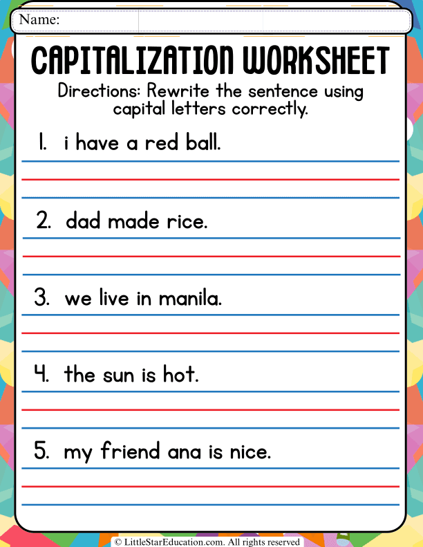 Capital Letter Practice for First and Second Grade Sentences