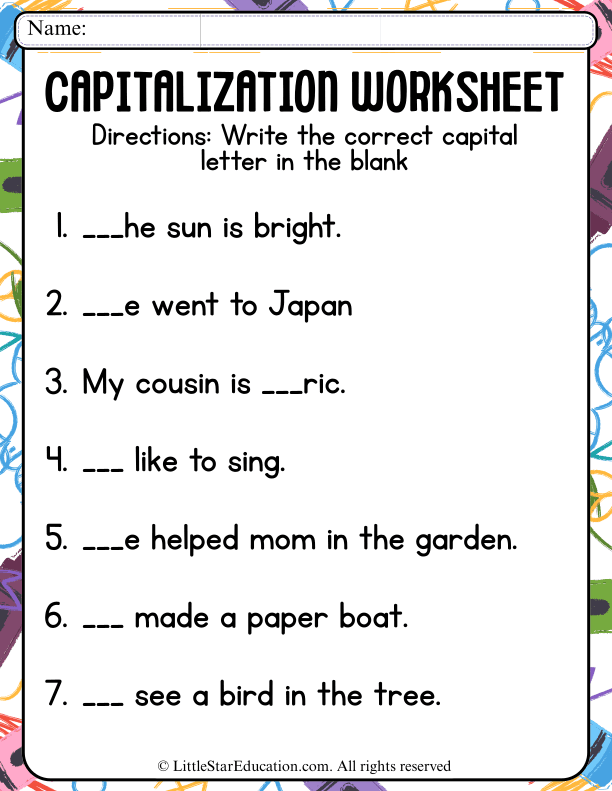 Capital Letter Practice: Sentence Beginning and Name Capitalization for Early Grades