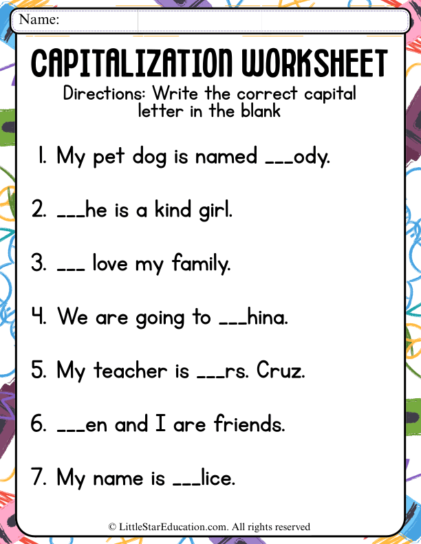 Capital Letter Practice: Sentence Beginning and Names for Grades 1-2