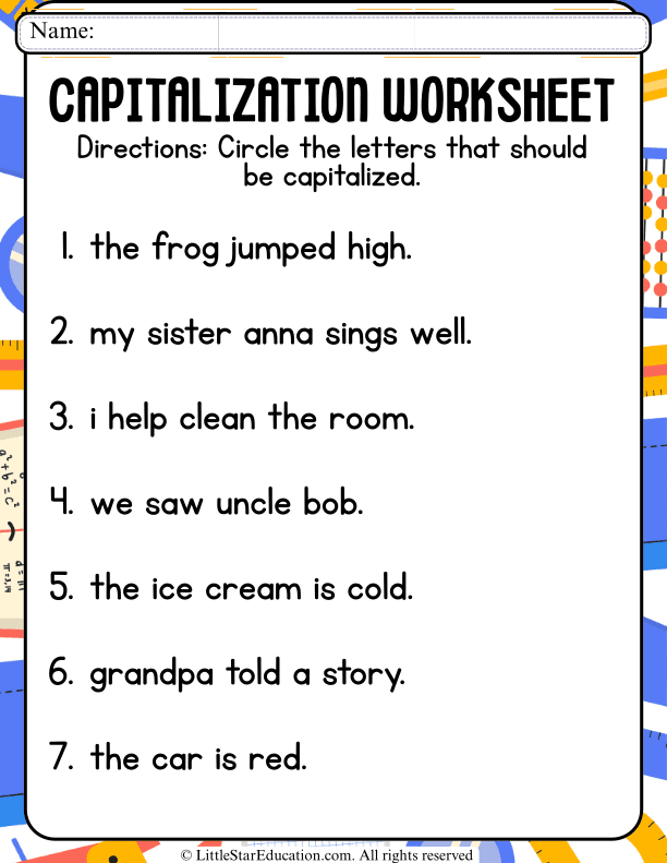 Capitalization Practice: Find and Correct Capital Letters for Grades 1-2