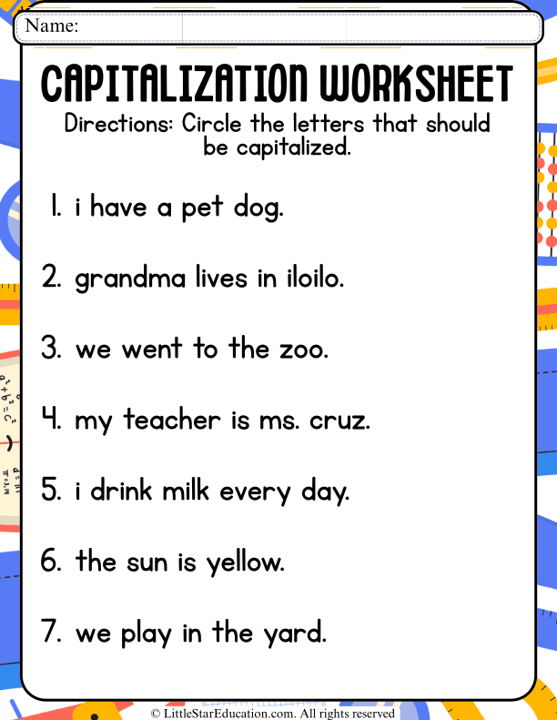 Capitalization Practice: Identify and Circle Capital Letters for Grades 1-2