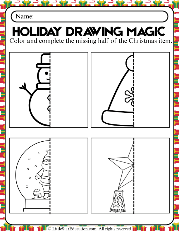 Christmas Symmetry Drawing and Coloring for Early Learners