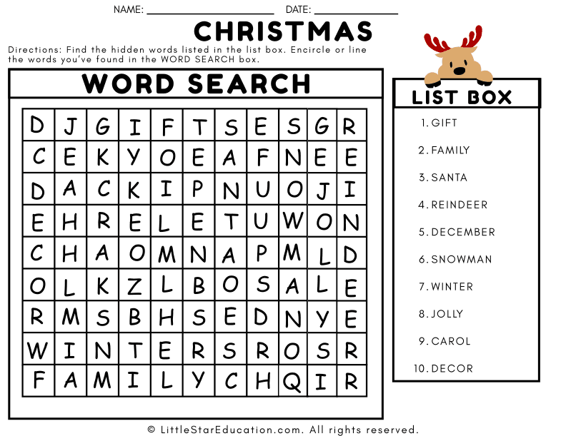 Christmas Word Search Puzzle for Early Elementary ELA Skills