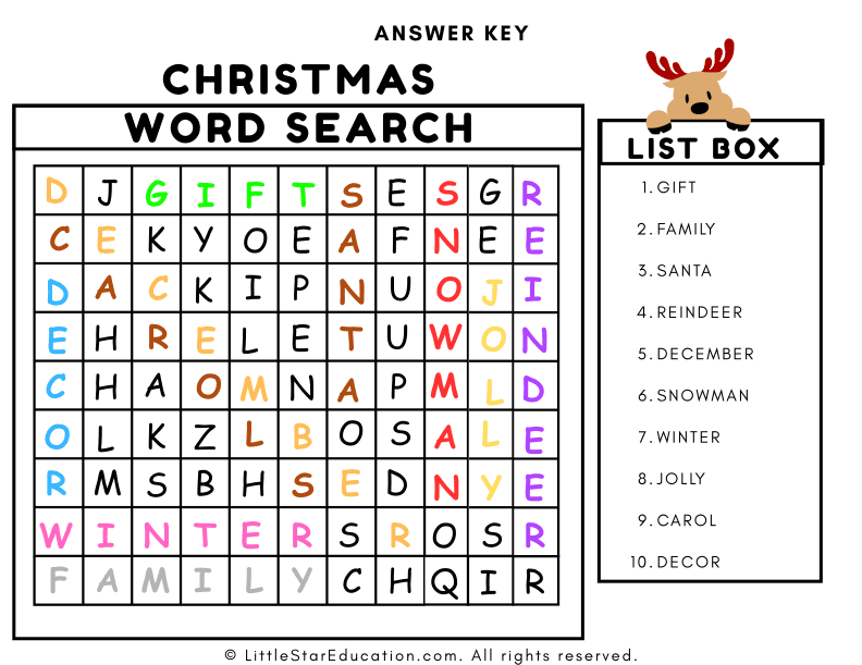 Christmas Word Search Puzzle for Early Elementary ELA Skills