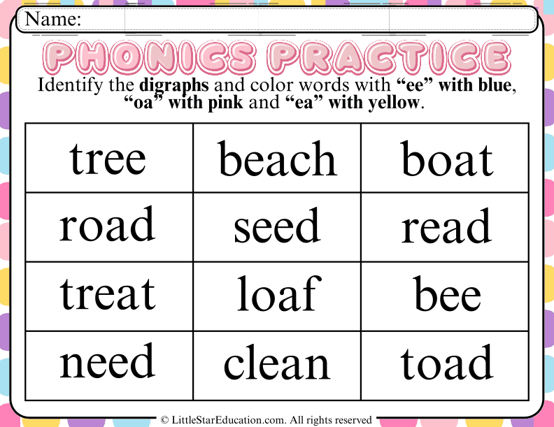 Color Coding Digraphs: "ee," "oa," and "ea" Phonics Practice