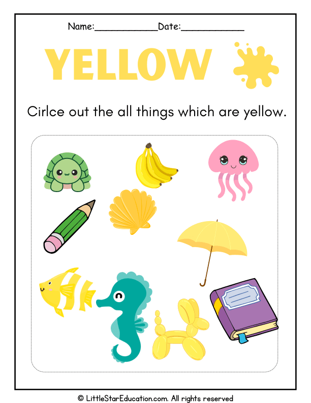 Color Recognition: Find and Circle Yellow Objects for Preschool Math