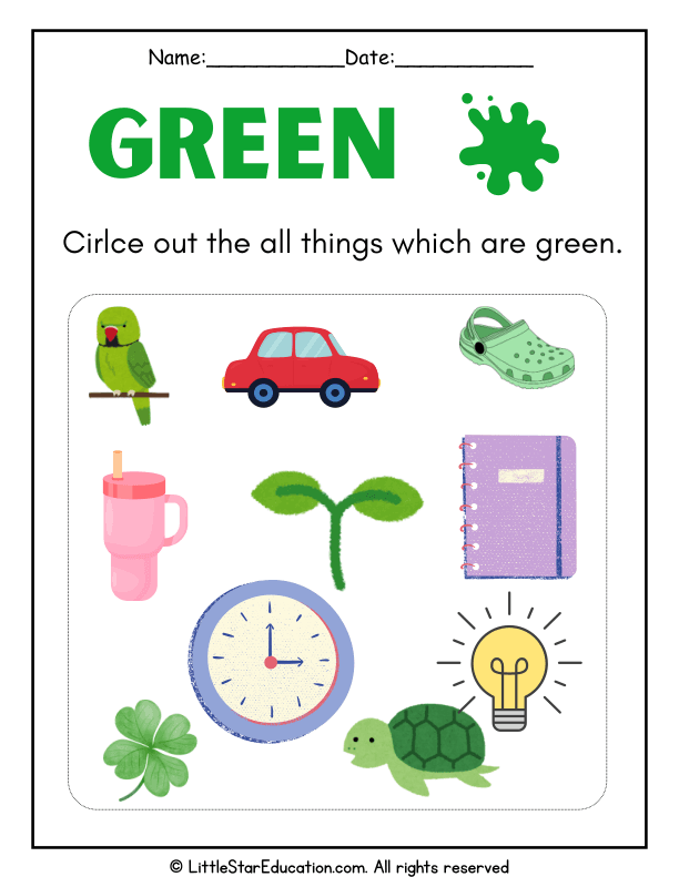 Color Recognition Practice: Find and Circle Green Objects for Pre-K