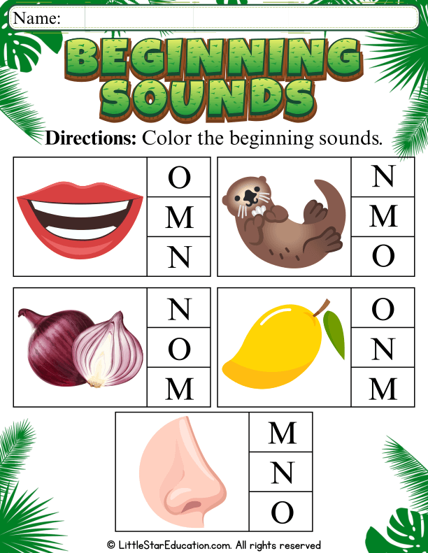 Color the Beginning Sounds M, N, O for Early Learners