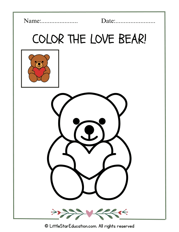 Color the Love Bear Art Coloring Page for Pre-K and Kindergarten