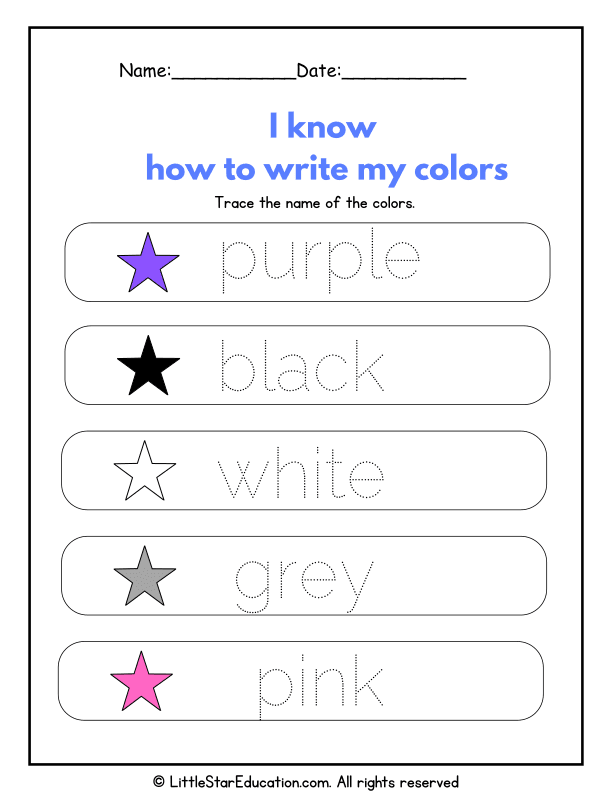 Color Words Tracing Practice for Early Writing Skills