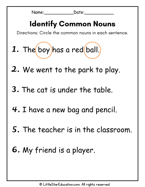 Common Noun Identification Practice for First Grade English
