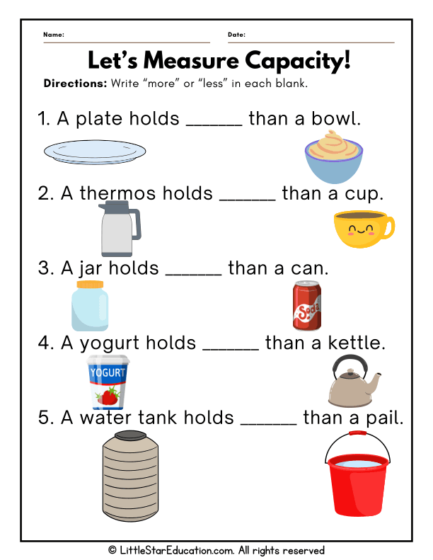 Comparing Capacities: More or Less Measurement Practice for Kids