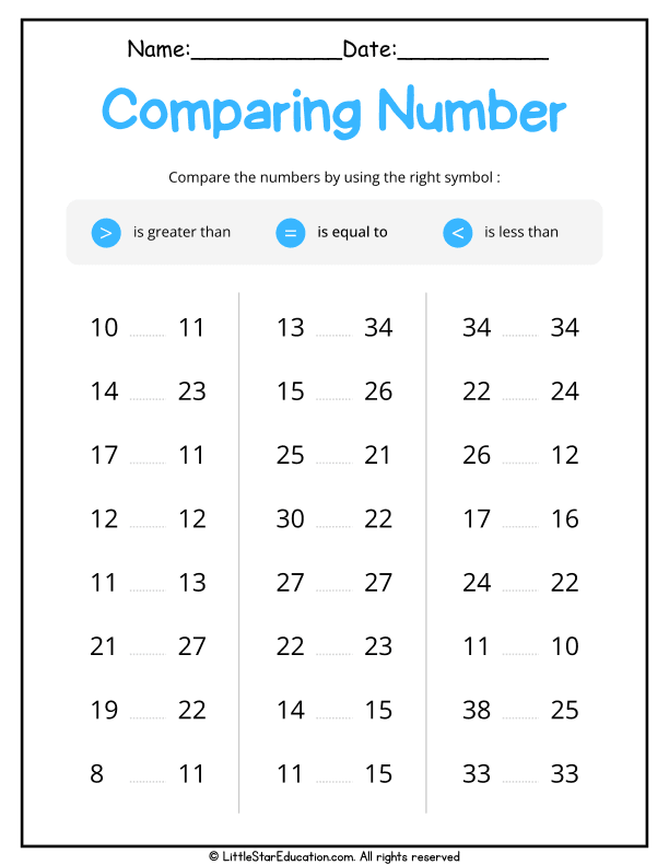 Comparing Numbers and Greater Than Less Than Practice for Grade 1 Math