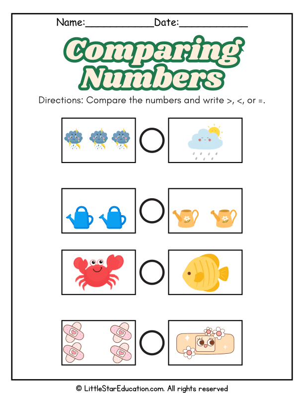 Comparing Numbers Greater Than Less Than Practice for 1st and 2nd Grade