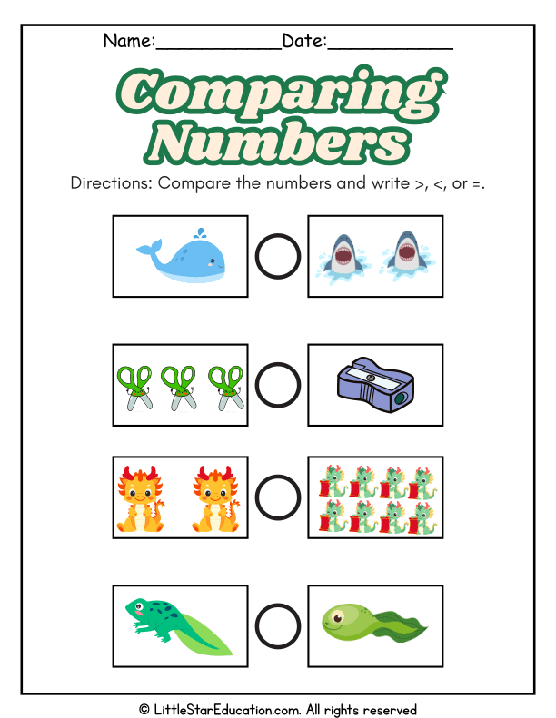 Comparing Numbers Practice: Greater Than, Less Than, or Equal for Grades 1-2