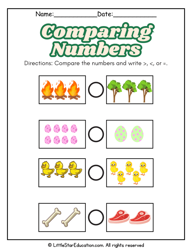 Comparing Numbers with Greater Than, Less Than, and Equal For Grades 1-2