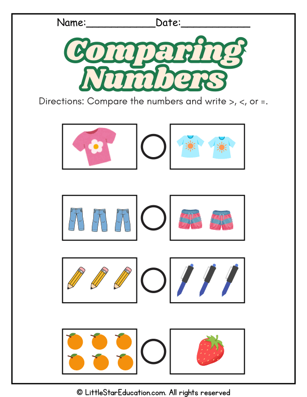 Comparing Numbers with Greater Than, Less Than, and Equal To for Grades 1-2