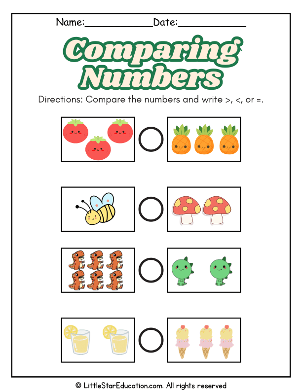Comparing Numbers with Greater Than, Less Than, or Equal For Grades 1-2