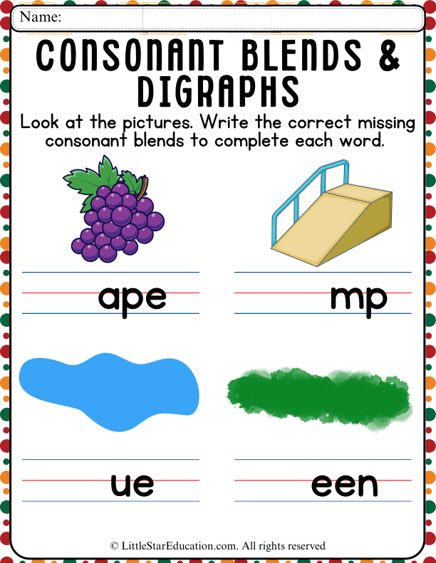 Consonant Blends and Digraphs Picture Clues for Early Readers