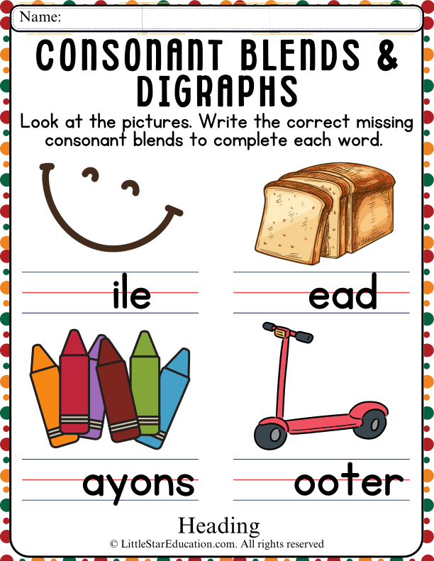 Consonant Blends and Digraphs Practice with Picture Clues
