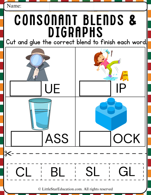 Consonant Blends Cut and Glue Practice for Kindergarten Reading