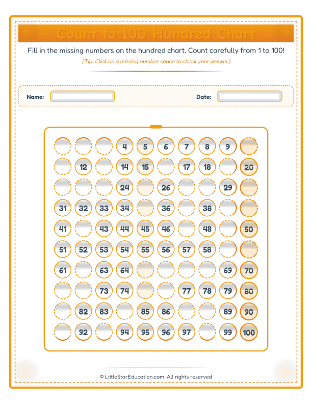 Count to 100 Hundred Chart Worksheets-Fill in the Missing Number