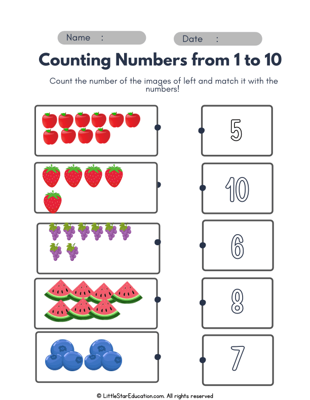 Counting and Matching Numbers 1-10 with Fruit Pictures for Early Math