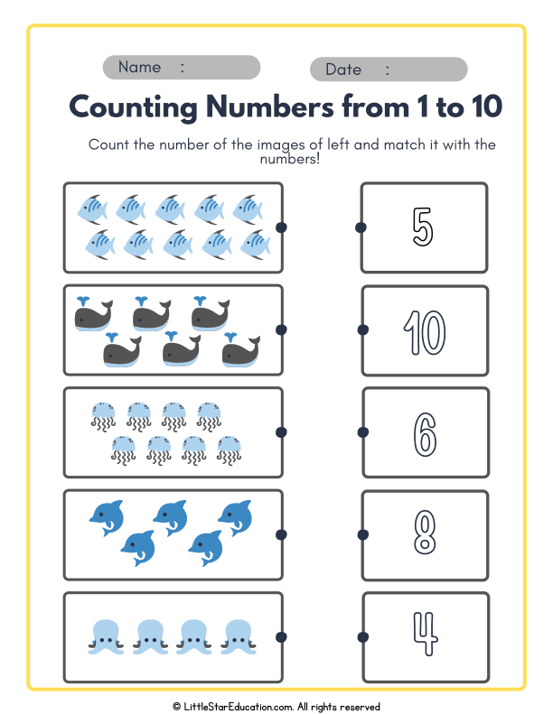 Counting and Number 1 to 10 Matching Practice Worksheet
