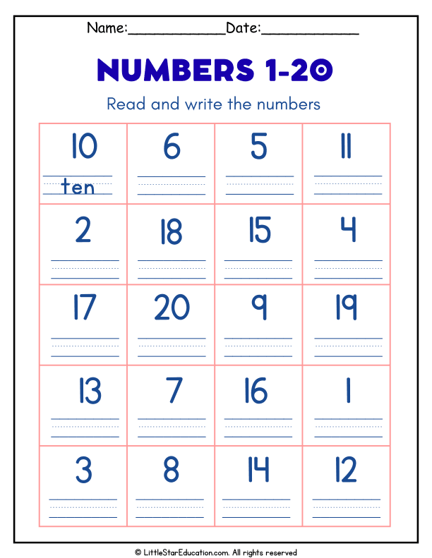Counting and Number Writing Practice for Grade 1 Math Numbers 1-20
